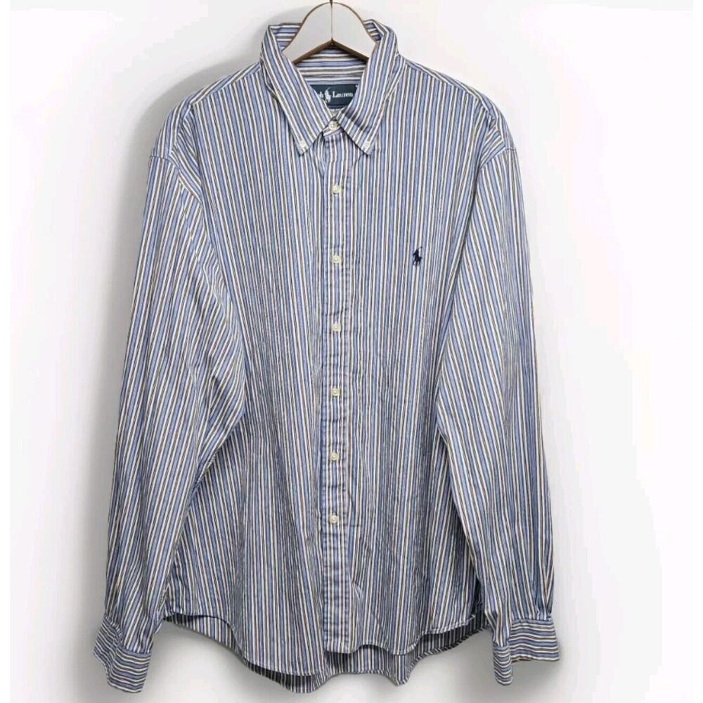 Men's Big 2X Vintage RALPH LAUREN Blue Gold White Stripe Button Down Dress Shirt